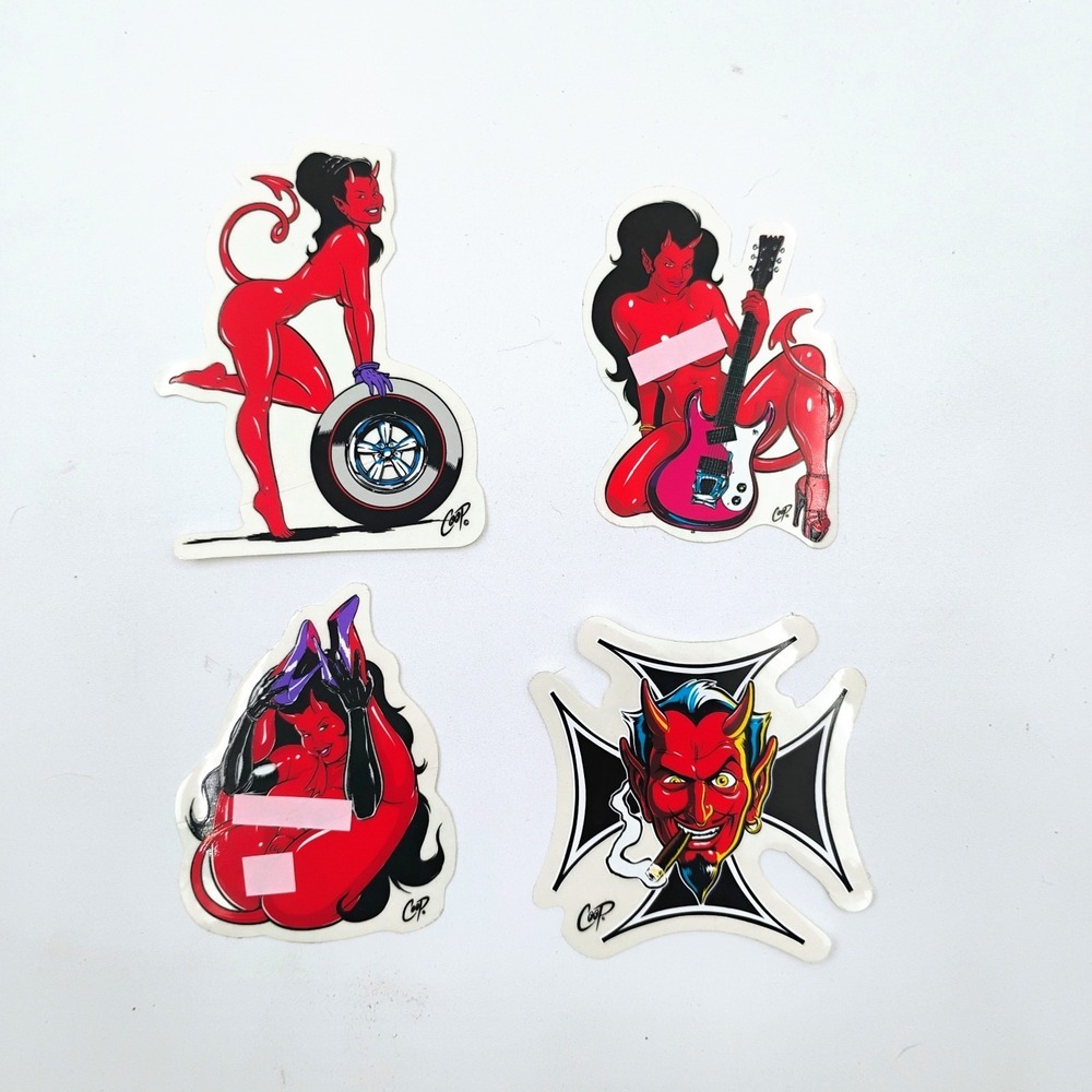 Coop Art Devil Girl Pinup 4 Sticker Lot Hot Rod Rockabilly Vintage Art Decal NOS